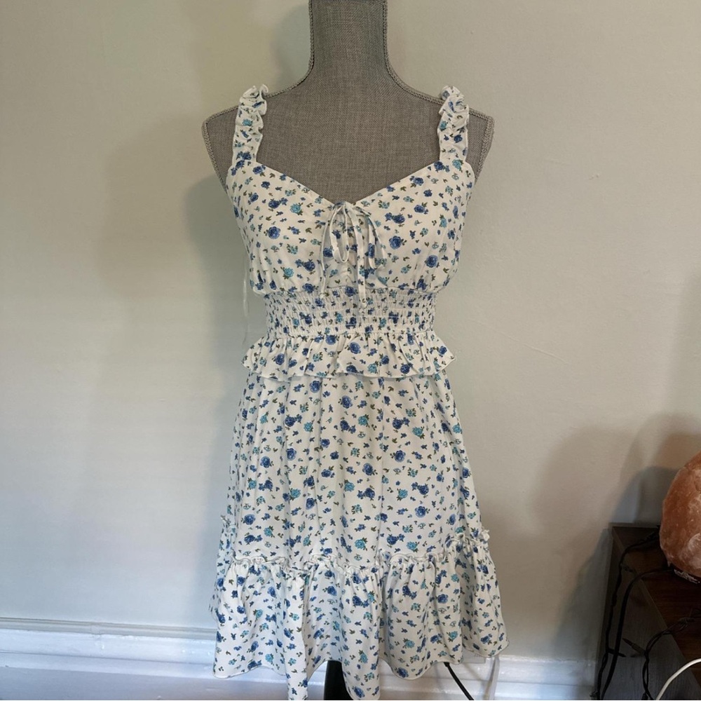 Floral White and Blue Dress